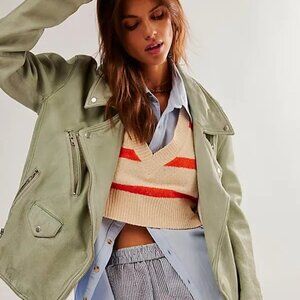 FREE PEOPLE We The Free Wesley Jealousy Leather Jacket In Green (size M) NWT